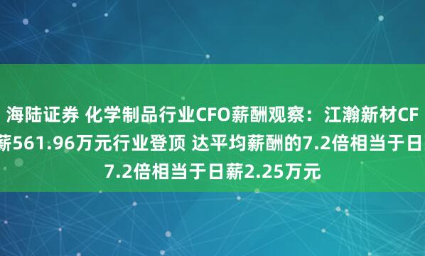海陆证券 化学制品行业CFO薪酬观察：江瀚新材CFO侯贤凤年薪561.96万元行业登顶 达平均薪酬的7.2倍相当于日薪2.25万元